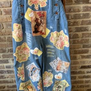 Distressed Appliquéd Denim Jump Suit/Overall Size M